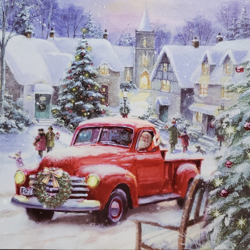 Christmas Santa Claus Red Truck Canvas Ready to hang Pictures 15.5 x 12 inches